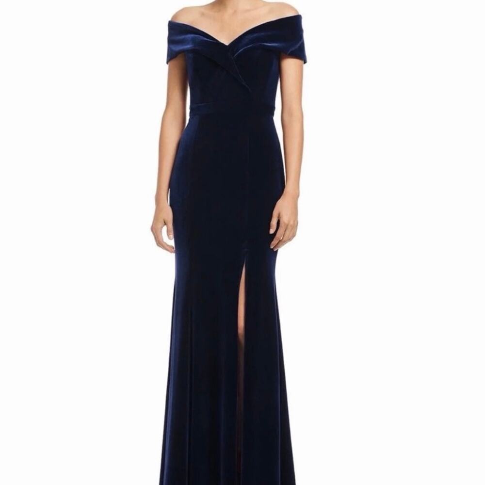 Off-the-Shoulder Navy Velvet Maxi Dress